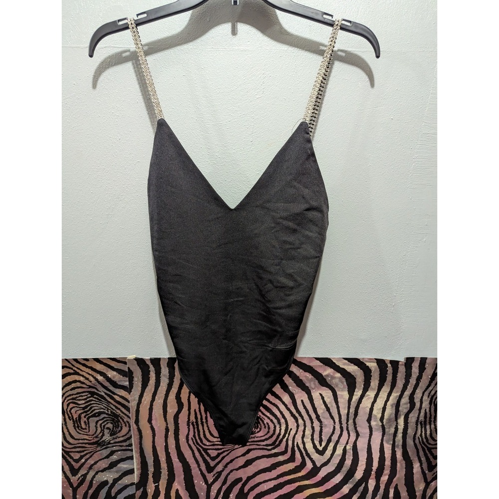Forever 21 juniors M black bodysuit one piece rhinestone straps